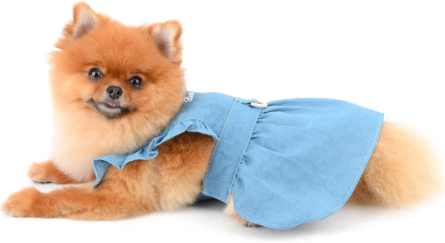 SMALLLEE_LUCKY_STORE Dog Denim Harness Dress, Ruffles Puppy Princess Dress for Small Medium Dog Cat Girls Adjustable Pet Jean Skirt with D-Ring Female Dog Clothes Summer Apparel,Light Blue,S image number 5