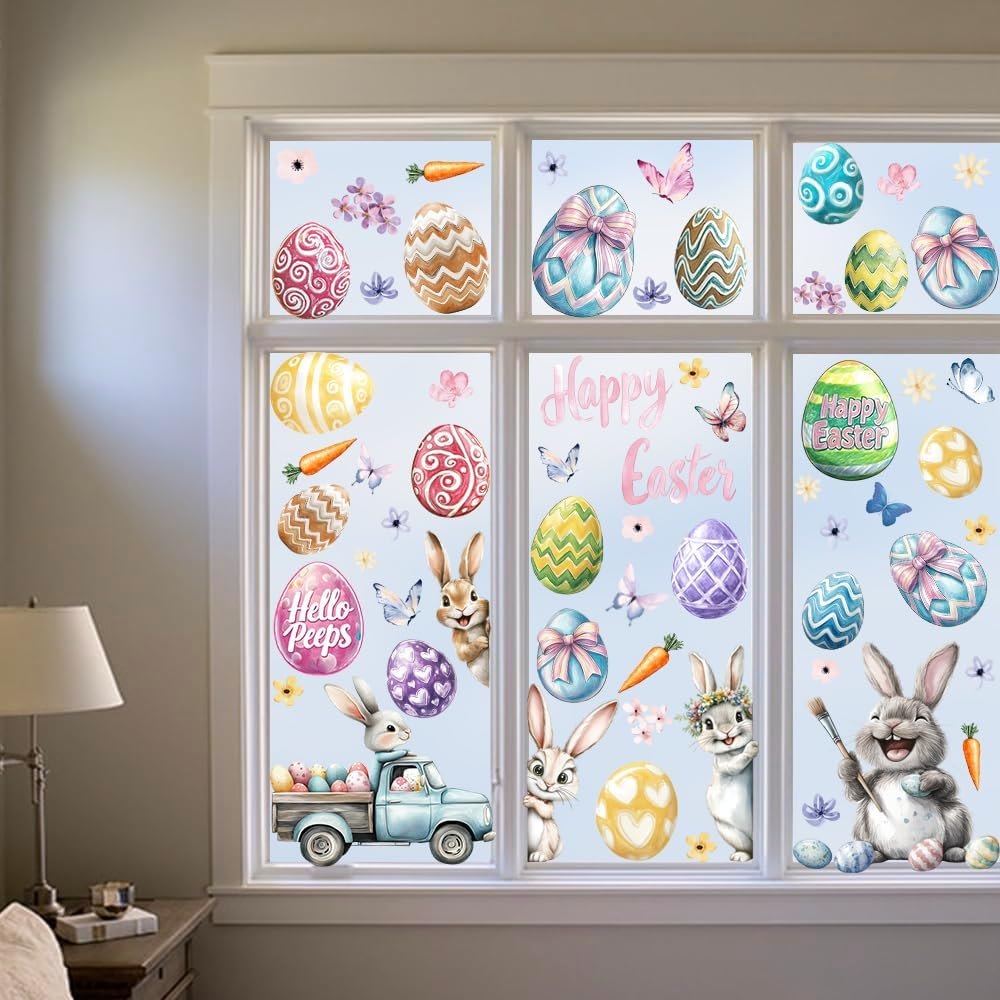 Hianjoo 118 PCS Easter Window Cling, 9 Sheets Easterday Bunny Window Stickers PVC Static Painting Style Sticker with Cute Rabbit Eggs Carrot Car Happy Easter, Flower Butterfly for Festival Decoration image number 3