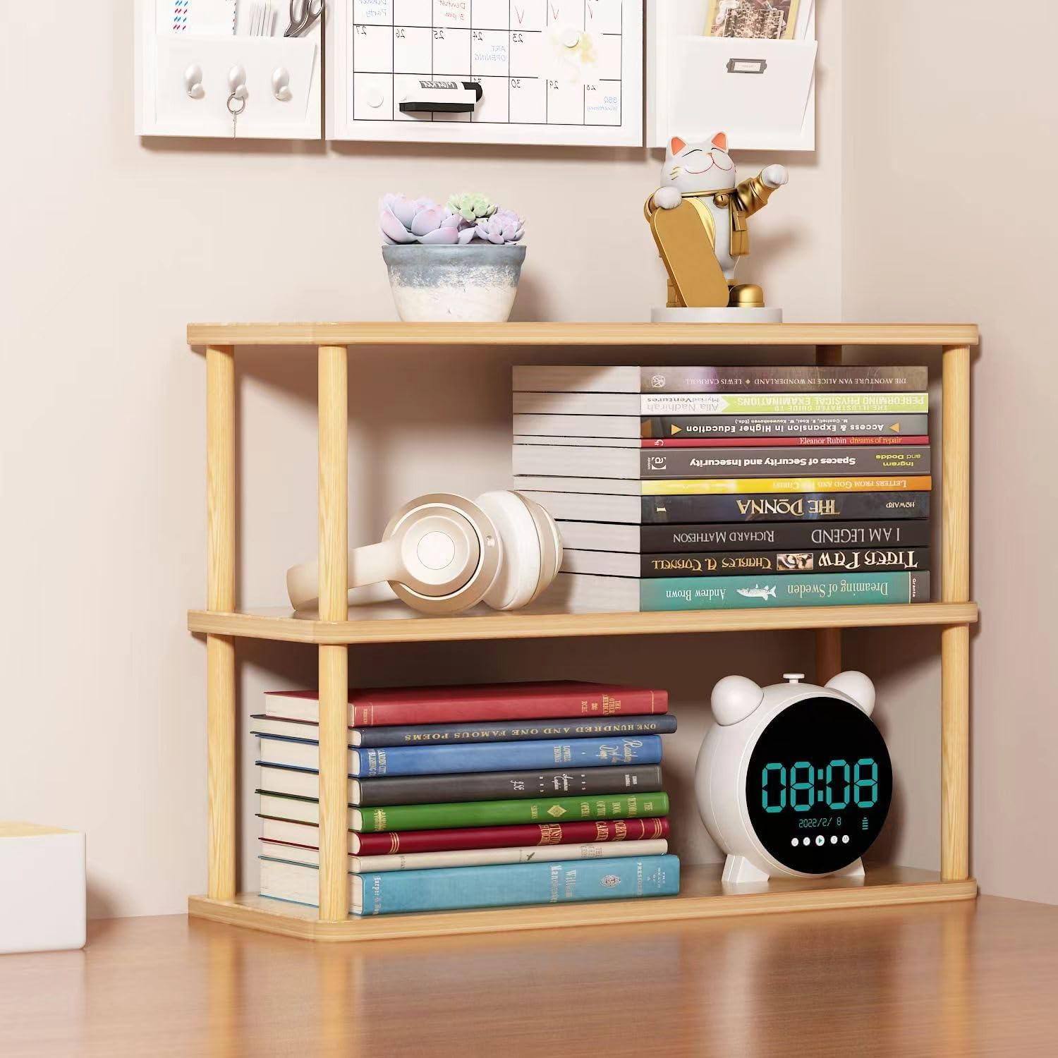 Hbluefat Desktop Organizer Shelf, 2-Tier Solid Wood Bookshelf Storage Rack, Small Countertop Bookcase Display Shelf for Home Office (Wood) image number 3