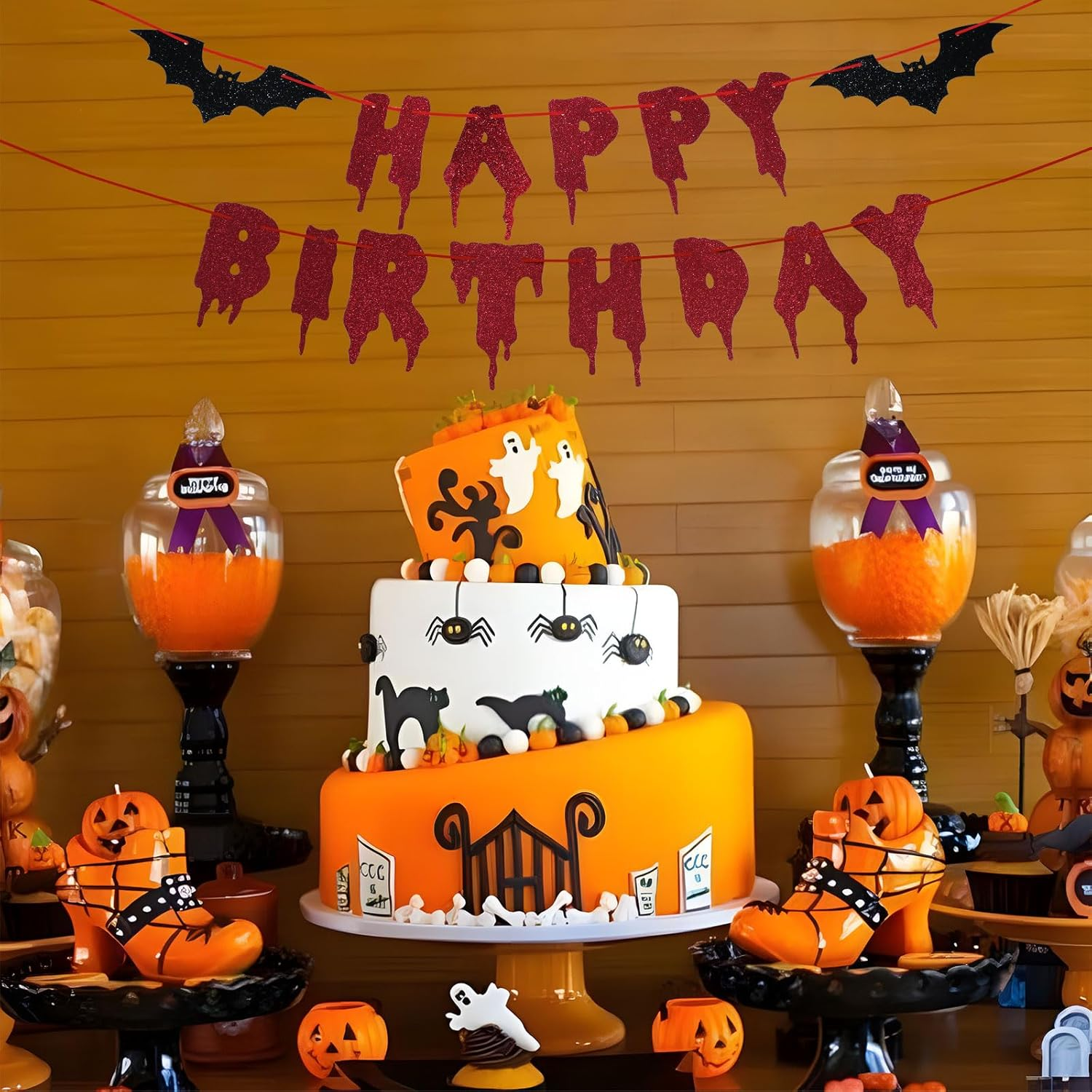 Red Glittery Happy Birthday Halloween Banner - Halloween Hanging Paper Garland Bunting Banner Bloody Bat Vampire Decorations, Photo Backdrop for Wall Home Mantle Office Wall Scary Party Supplies image number 2