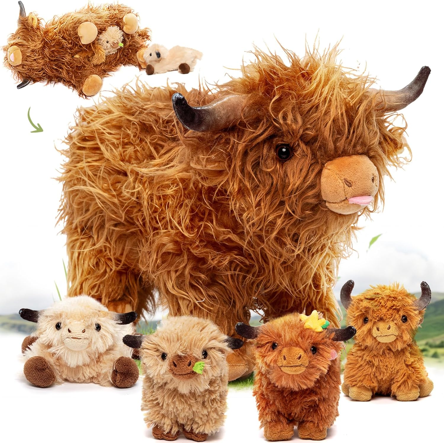 OUOZZZ Highland Cow Stuffed Animals -Plush Toys Set Mommy and 4 Little Cattle Babies Inside, Baby Toys Birthday Gift Present Toys for Girls Boys Kids Toddler Infant