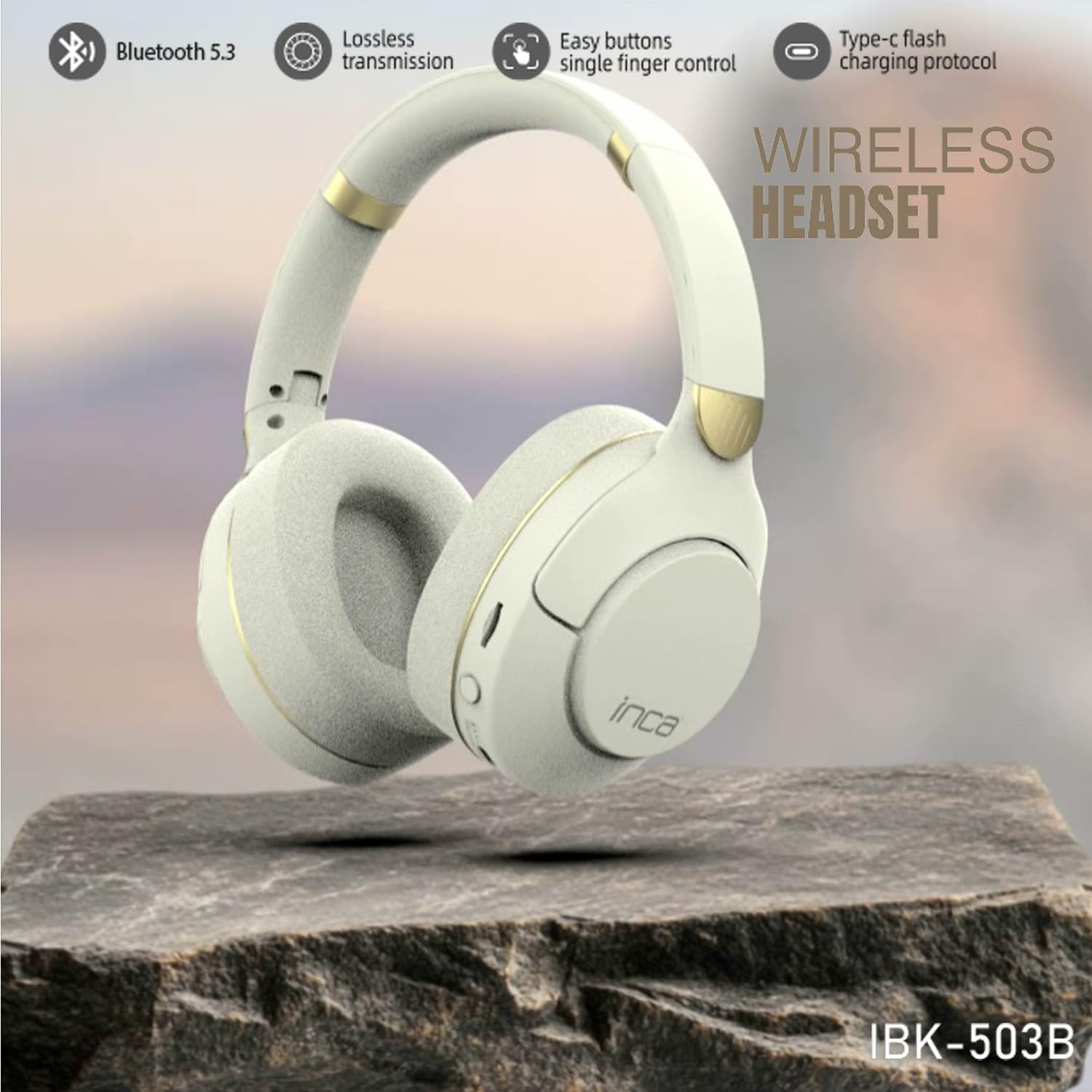 İnca IBK-503 Bluetooth Headphones, Wireless Over-Ear Headsets with Microphone, up to 12 Hours of Playback, AUX & SD Card Slot, Ergonomic Design for Music & Gaming (White)