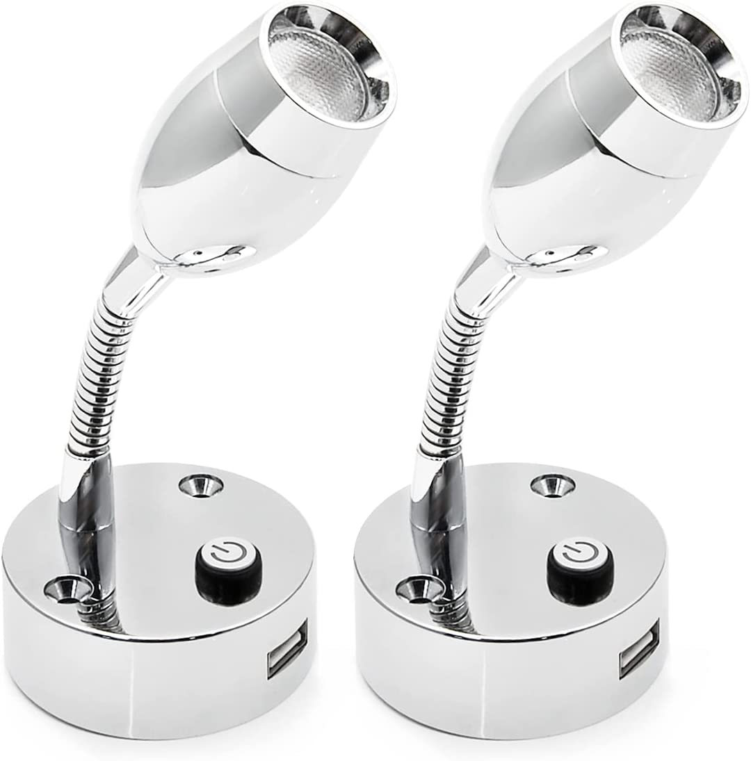 Dream Lighting 12V LED Reading Mini Spot Lights Book Bedside Map Ipad Lamp Caravan RV Motorhome Boat Marine Yacht with USB Charging Port Cool White/Blue Flexible Arm Pack X2 image number 5