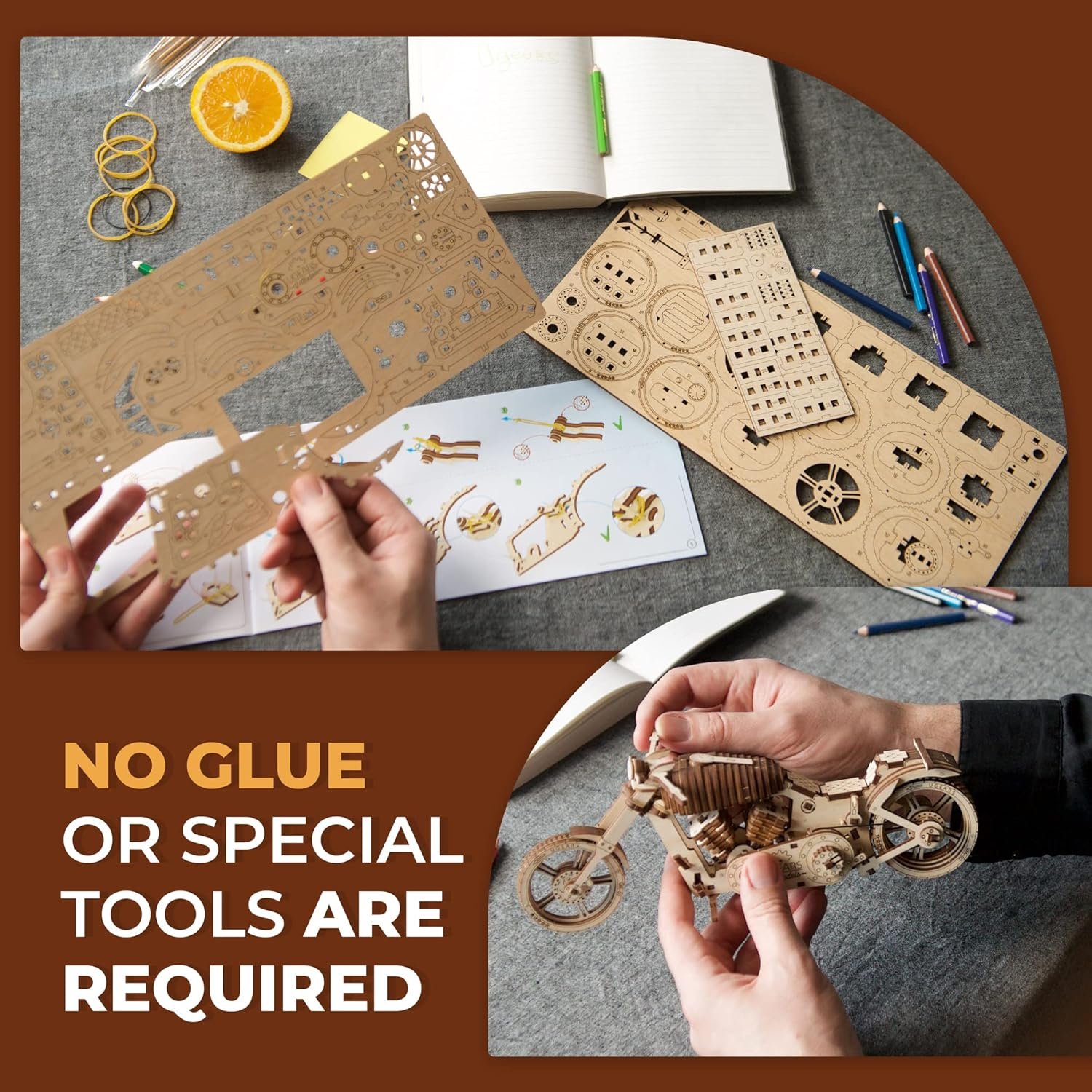 UGEARS 70051 Motorcycle, DIY Technical Model Construction, Project Bike, VM-02 with Rubber Band Motor Model Kit, Wood, Multi, One Size image number 4