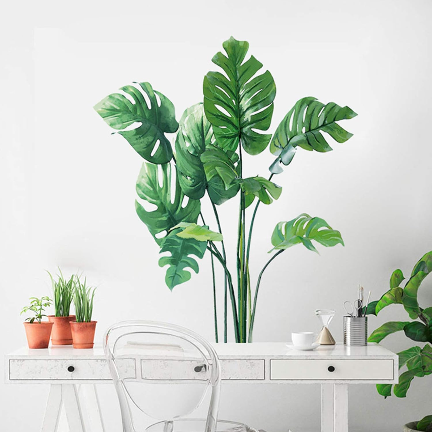 Leaf Wall Decals Monstera Leaf Tropical Plants Wall Stickers for Living Room, Palm Leaf Wall Posters Natural Green Plants Art Murals Vinyl Wallpaper for Bedroom Nursery Office image number 1