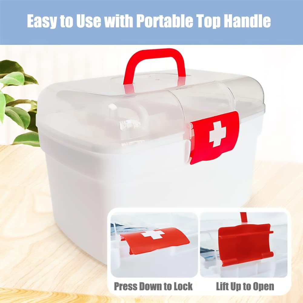 Portable Empty Small Home & Work First Aid Box with an Internal 4 Grid Tray, Handled Household Medicine Storage Box, Multipurpose Plastic Storage Box (White) image number 2