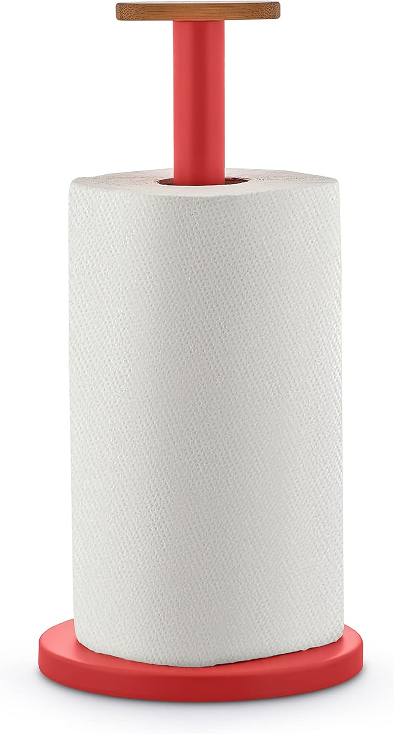 Alessi Mattina BG05 R - Design Kitchen Roll Holder, in Colored Steel with Epoxy Resin and Knob in Bamboo Wood, Red image number 4