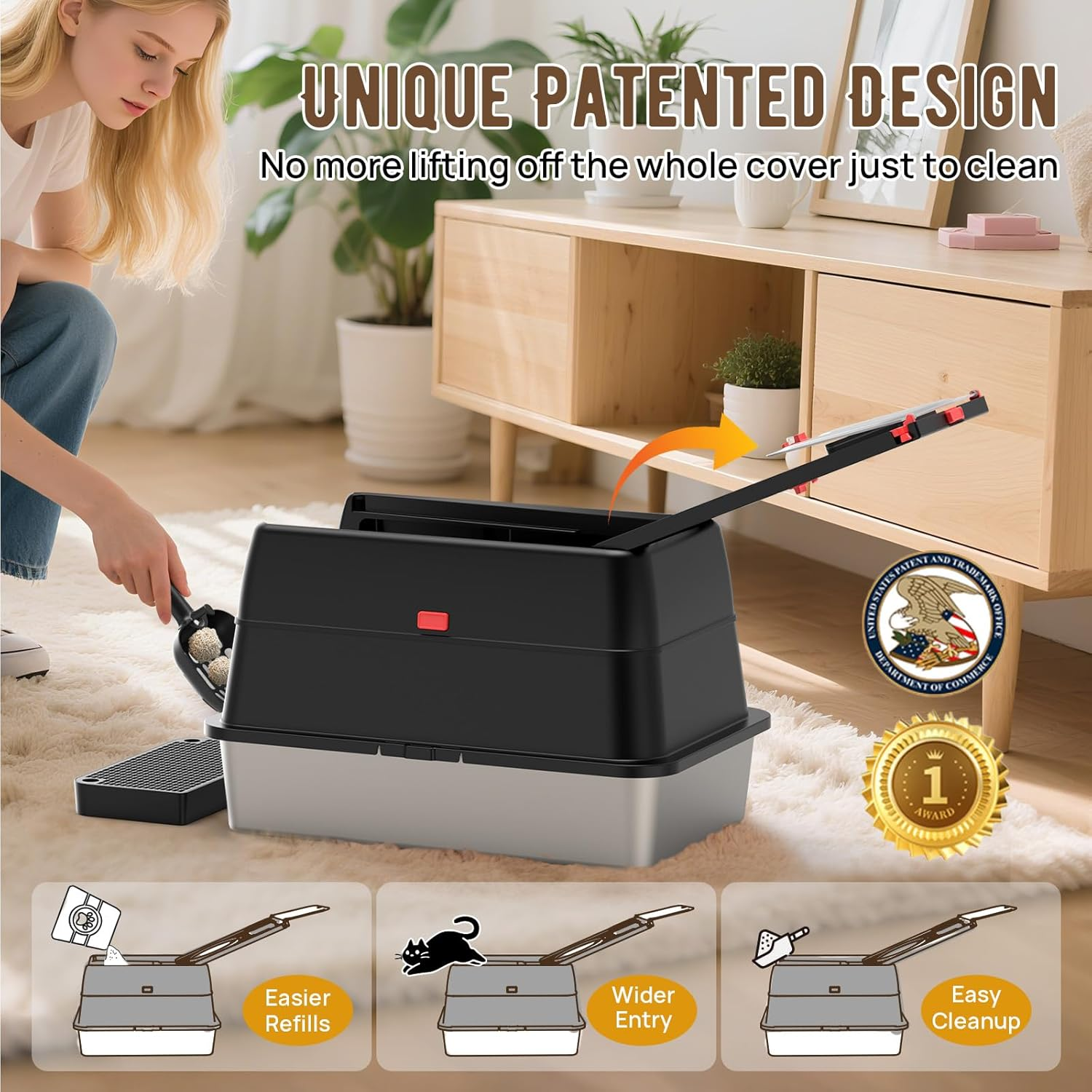 Stainless Steel Cat Litter Box: Enclosed Cat Litter Boxes with Lid - Extra Large Metal Kitty Litterbox with High Sides Top Entry XL Litter Pan Tray for Big Cats Anti-Leakage(Xl Black) - Black New image number 1