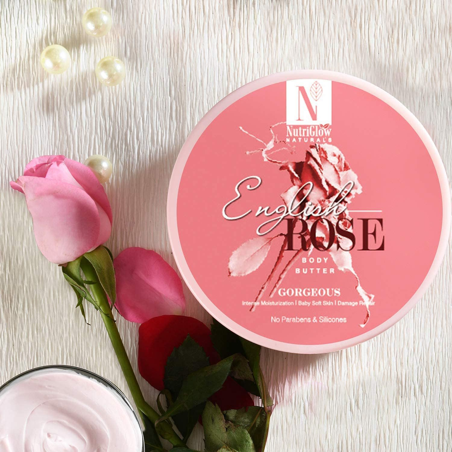 NUTRIGLOW Natural'S English Rose Body Butter Cream with Rose Extracts, Deep Nourishing, Moisturizing Healthy Glowing Skin, Anti-Aging Dark Spots & Skin Treatment 200Gm