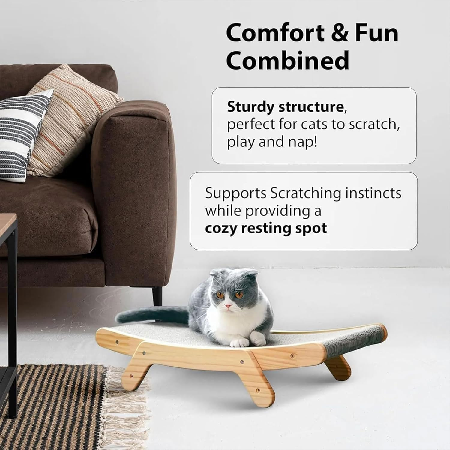 Cat Scratching Board, Multi-Position Cardboard Cat Scratcher Lounger. Natural Wood & Cardboard Scratch Bed. Large Cat Scratching Post for Kitten, Adult Cats Enrichment & Scratch Furniture Protector image number 4