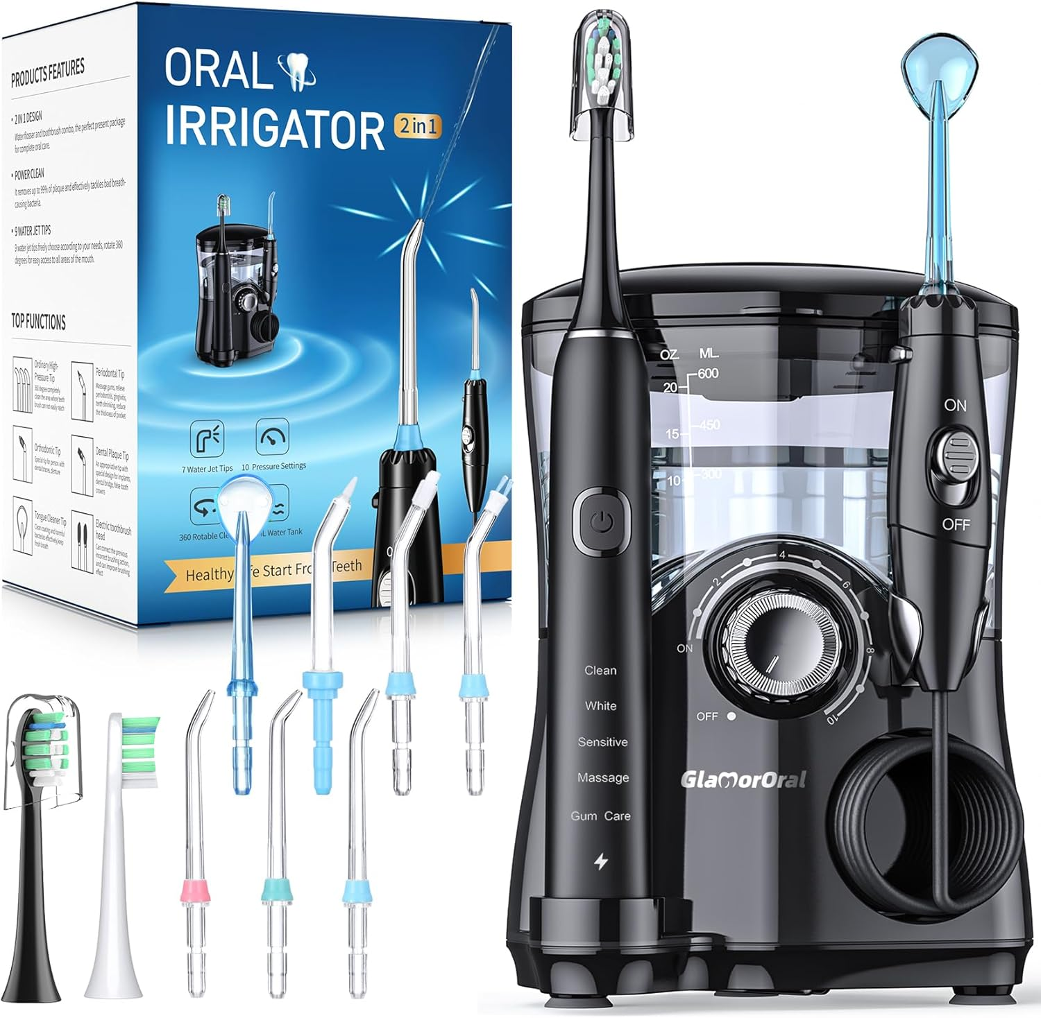 Electric Toothbrush and Water Flosser,600Ml Oral Irrigator Water Flosser with 7 Jet Tips,10 Adjustable Pressure Settings,Sonic Electric Toothbrush with 2 Brush Heads,5 Modes(Black) image number 6