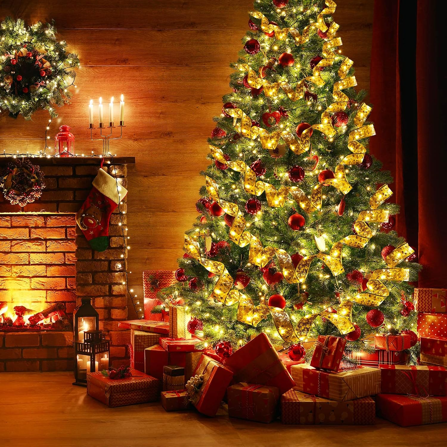 Tuanse 5 Piece 82FT Christmas Ribbon Lights 250 LED Glow Ribbon Strings Lights Shining Ribbon Fairy Lights with Double Layer Copper Wire for Xmas Tree Indoor Outdoor Decor (Gold, Warm Light) - Gold, Warm Light image number 2