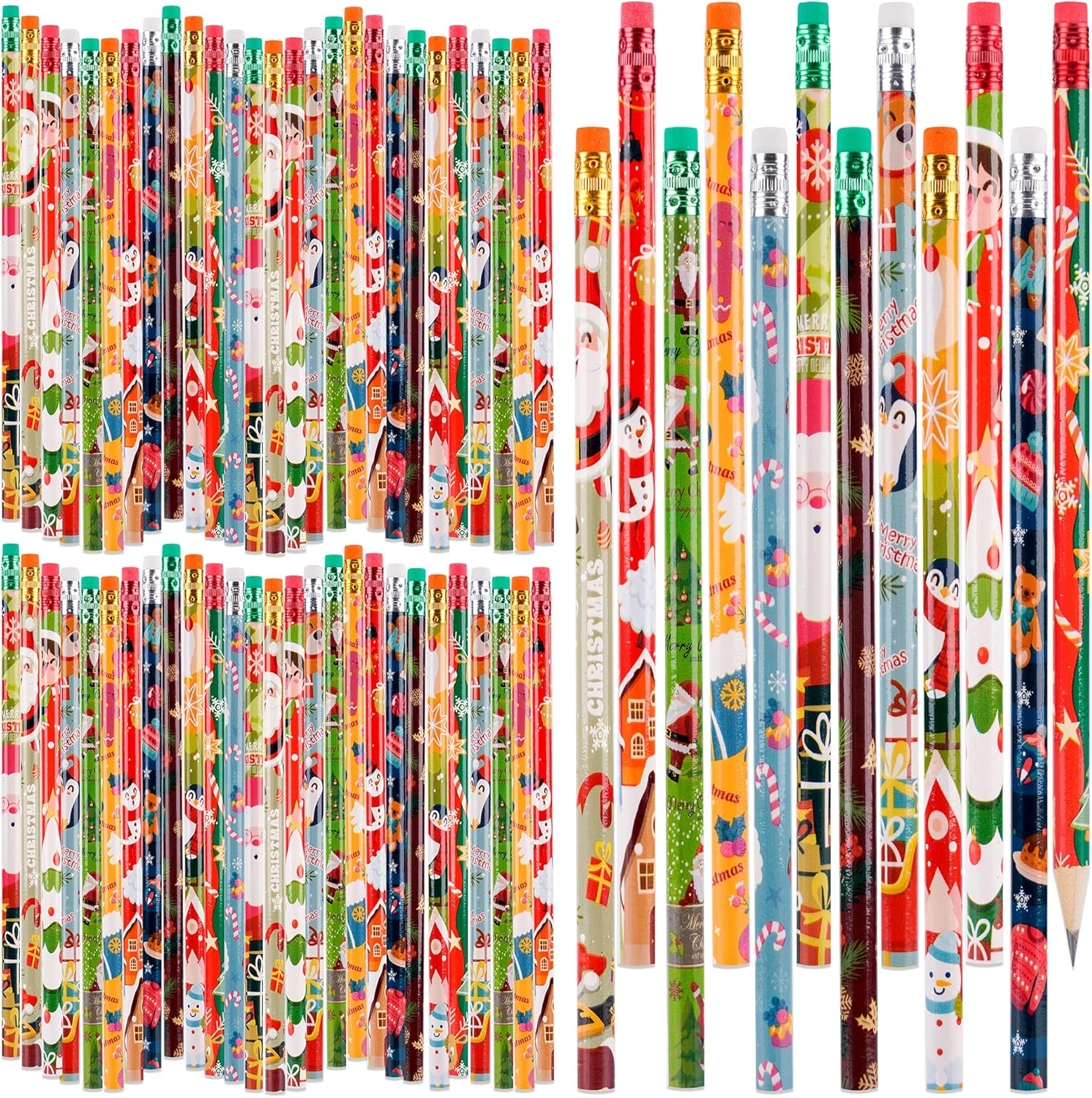Kolewo4Ever 100 Pieces Christmas Pencils Xmas Wood Pencils with Eraser Tops Snowman, Santa and Elk Pencil Assortment Christmas Stationery Pencil,12 Styles (100) image number 3