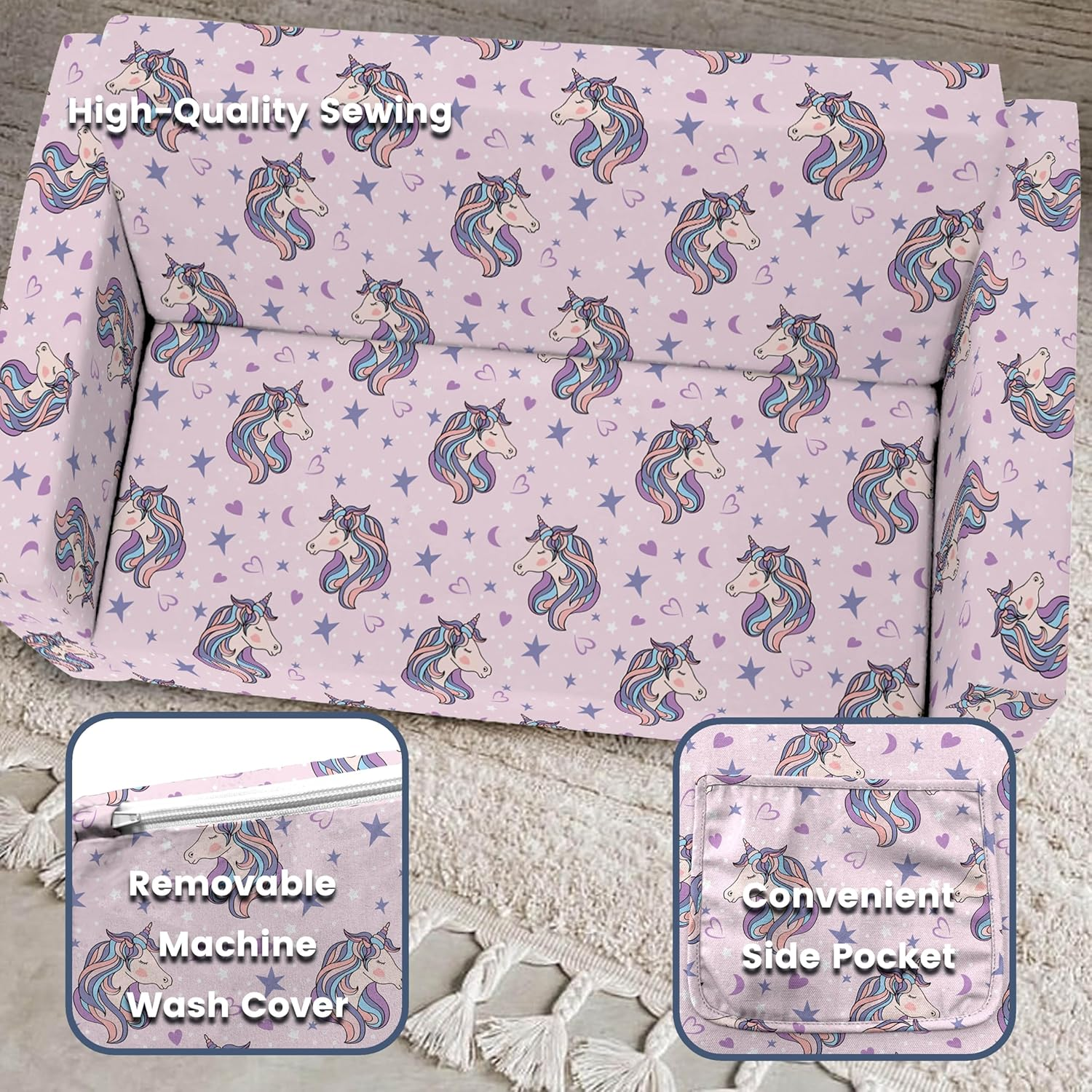 Fond + Found Kids Sofa Couch, 2 in 1 Children'S Convertible Sofa, Extra Soft Flip Open Chairs & Sleeper, Cute Unicorn Print Toddler Chairs Kids Couch for Kids Girls Boys (Pink, Extra Large) image number 2