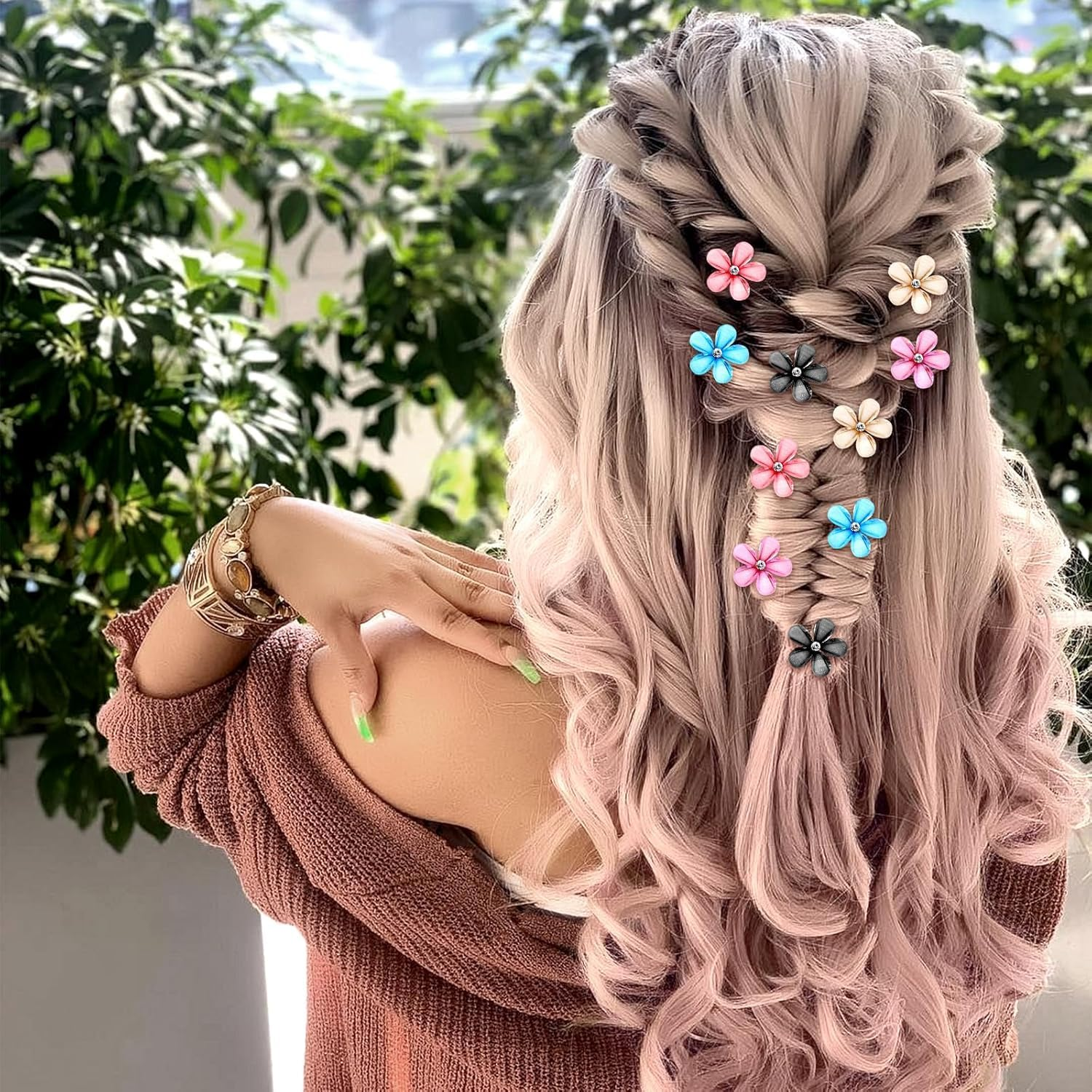 LAPLBEKE Pack of 10 Small Flower Hair Clips, Metal Glittering Side Clips for Girls Women, Cute Pink Hair Accessories (Blue) image number 4