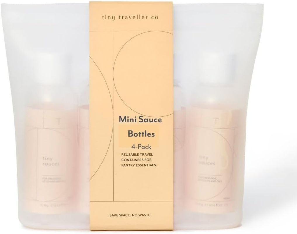 Tiny Traveller Co - Leak-Proof Squeeze Bottles for Sauces with 700Ml Silicone Storage Pouch, Compact Mini Dressing Bottles, Bpa-Free, Ideal for Sauces, Oils, Dressings, and Vinegars - 4 X 100Ml