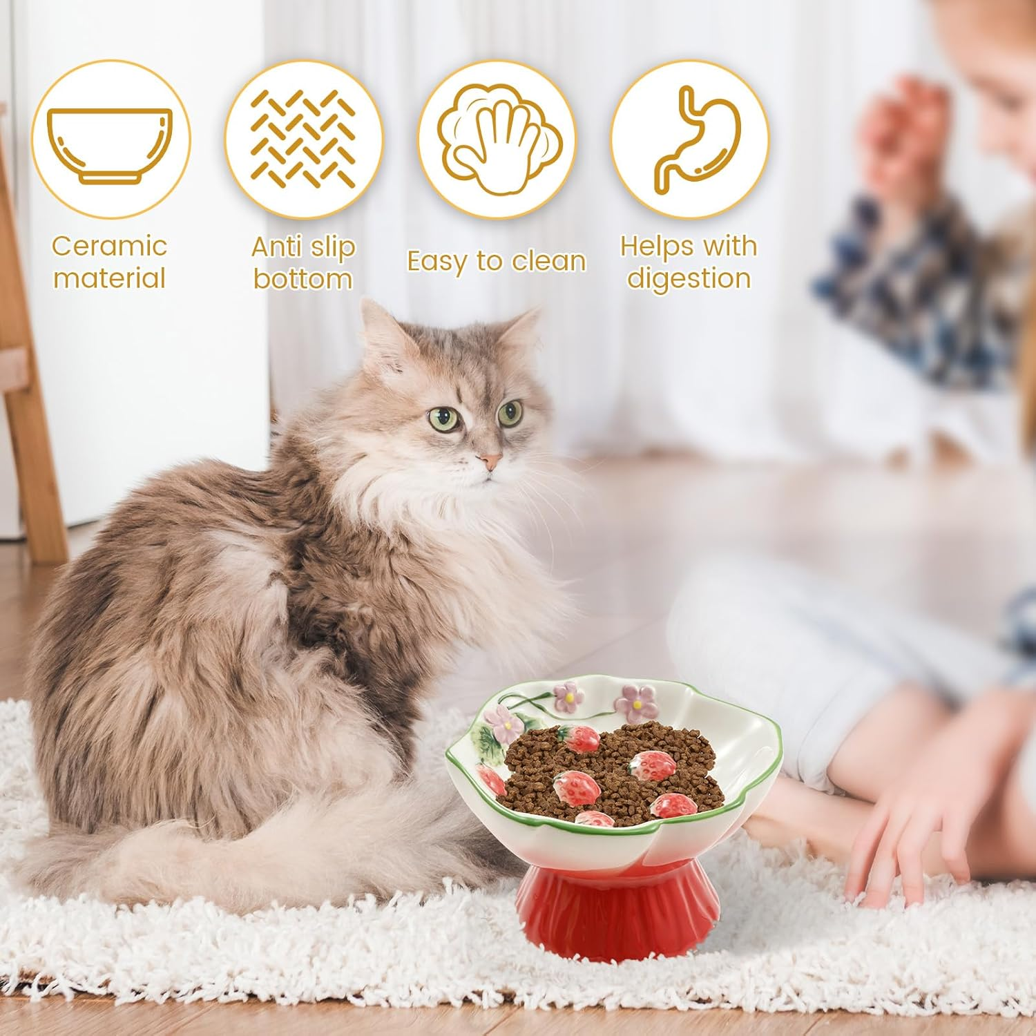 Raised Slow Feeder Cat Bowl, Ceramic Elevated Small Cat Food Bowl, 15&deg;Titled Glass Food Bowls Small Dogs Slow Feeder, Strawberry Shaped Cute Pet Dish for Dry and Wet Foods(Pink) image number 2