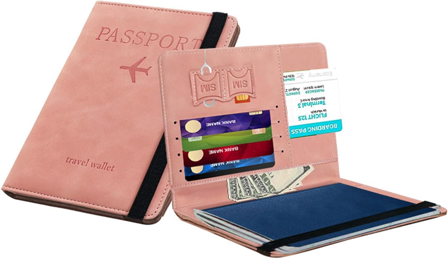 XUNQUCOM PU Leather Strap Passport Case Card Holder Holder ID Bag (Pink) - Black image number 2