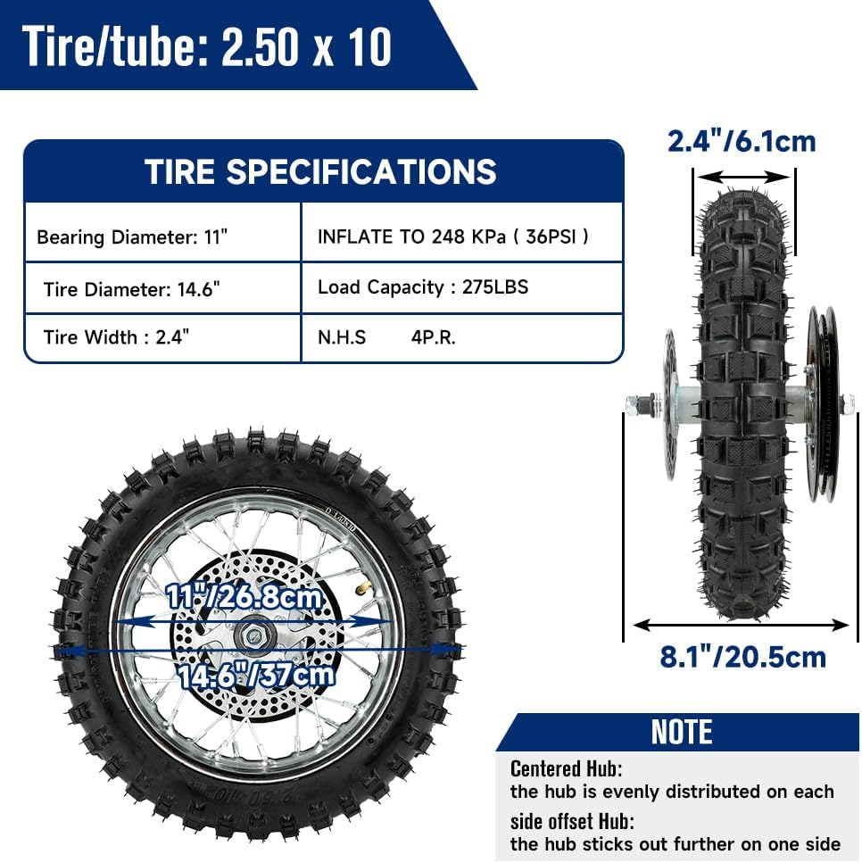 FVRITO Rear Wheel Assembly Replacement for Razor MX500 MX650 SX500 Mini Dirt Rocket Bike 2.50-10 2.50X10 Tire Tube Rim Chain Sprocket Axle Brake Rotor Parts image number 3