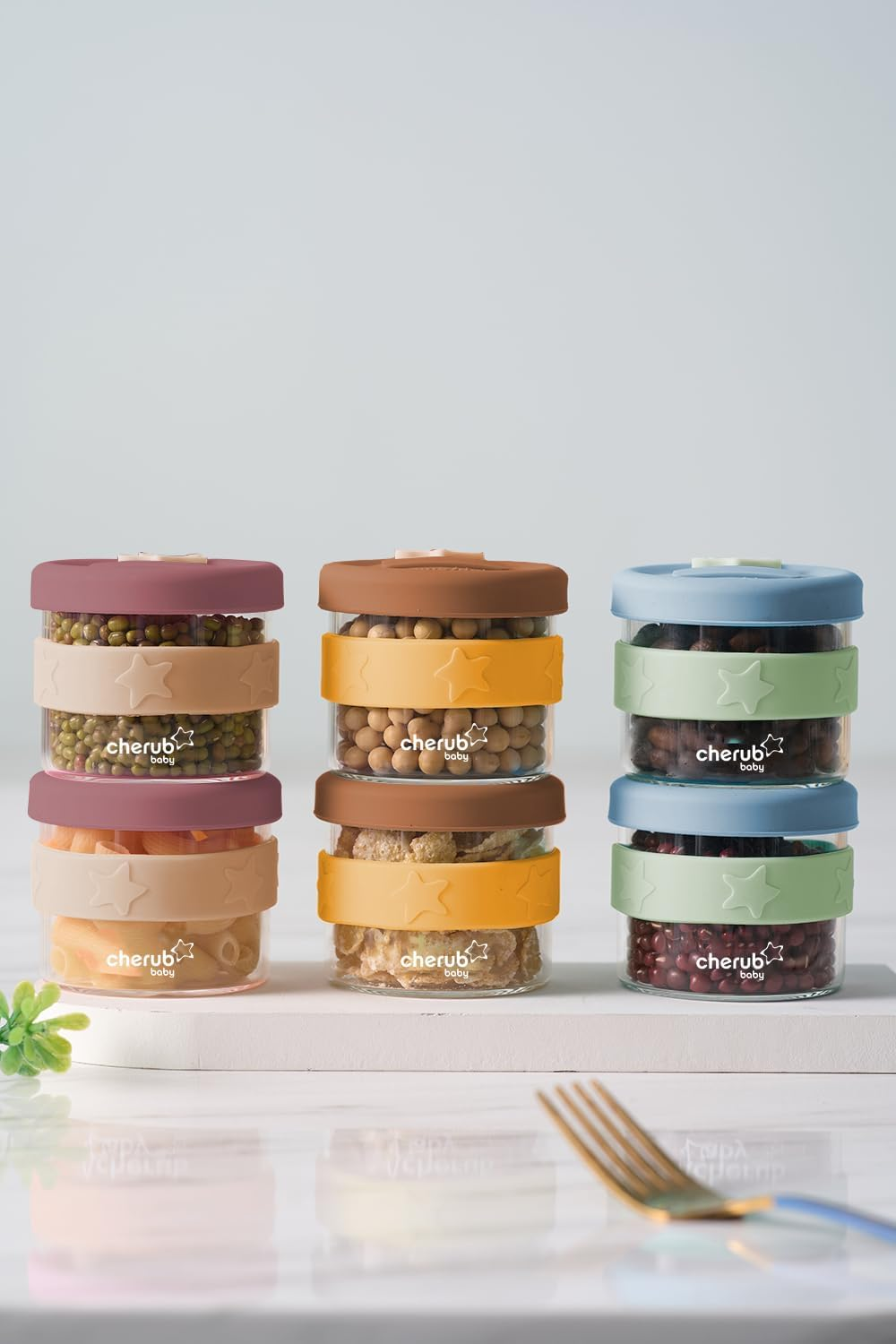 Cherub Baby Durable Non-Toxic BPA Free, Leak-Proof, Microwave, Oven, Freezer Safe Silicone & Glass Baby Food Storage Container Jar with Airtight Lid Pack of 3 120Ml - Cerulean/Sage image number 3