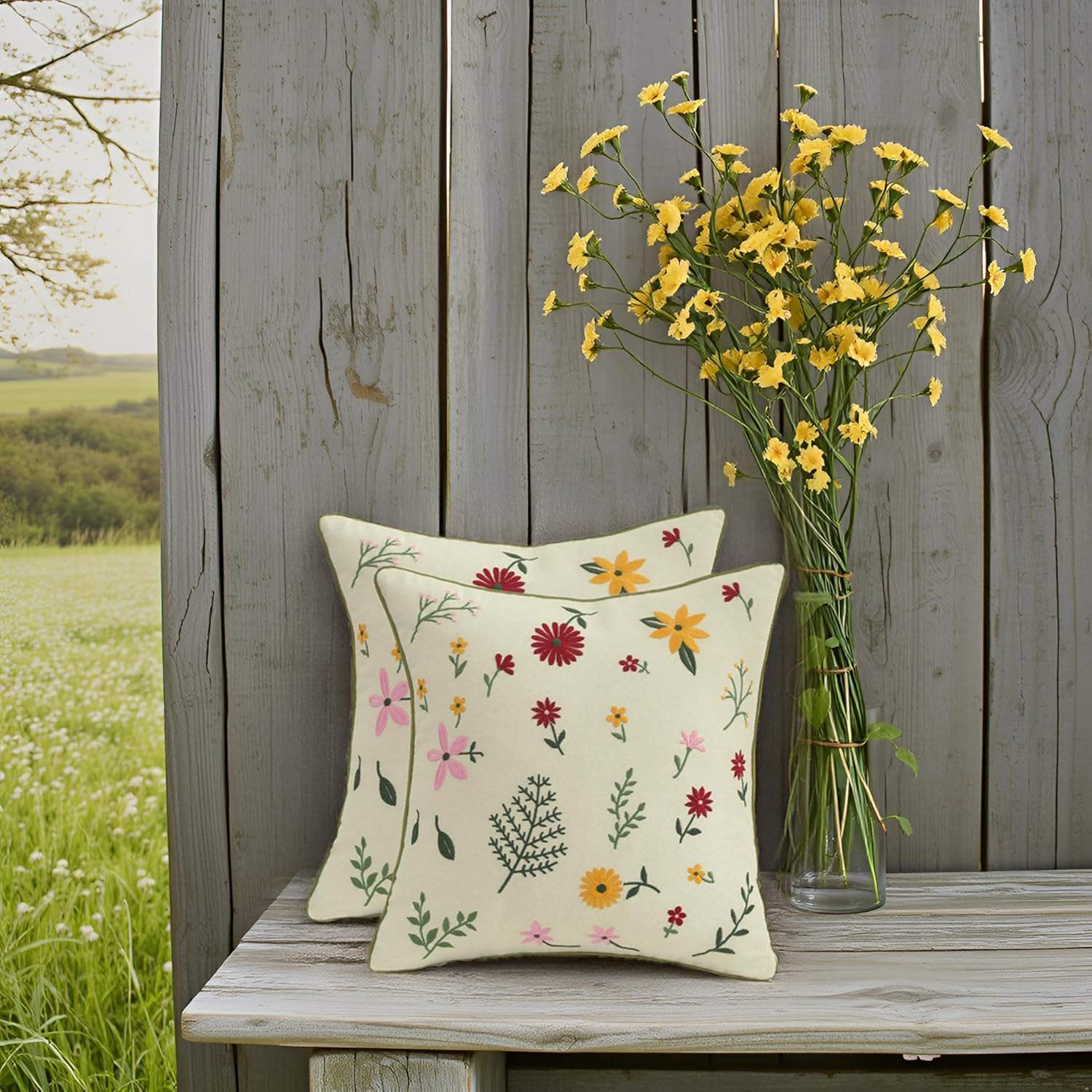 Tosleo Decorative Pillowcases 18 X 18 Inch Pack of 2 Embroidered Throw Pillow Covers Farmhouse Pillow Cushion Cases Home Decor Square Floral Pillow Case (All-Season Flower) image number 7