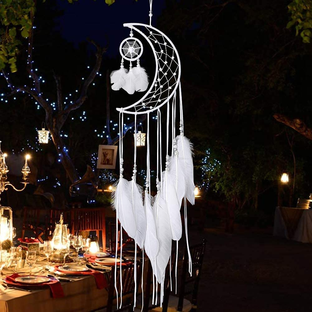 Dream Catcher Handmade Moon Design with Feathers Dreamcatcher Wall Hanging Home Decoration Ornament Christmas Festival Craft for Bedroom Living Room Outdoor(White Moon) image number 5
