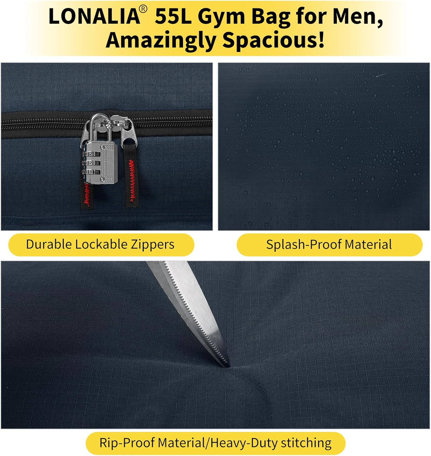 LONALIA 55L Large Gym Sports Duffle Bag for Men, Navy Blue, Sports Holdall Bags 22 Inch, LONALIA 55L Sports Holdall Bags for Men - Black image number 6