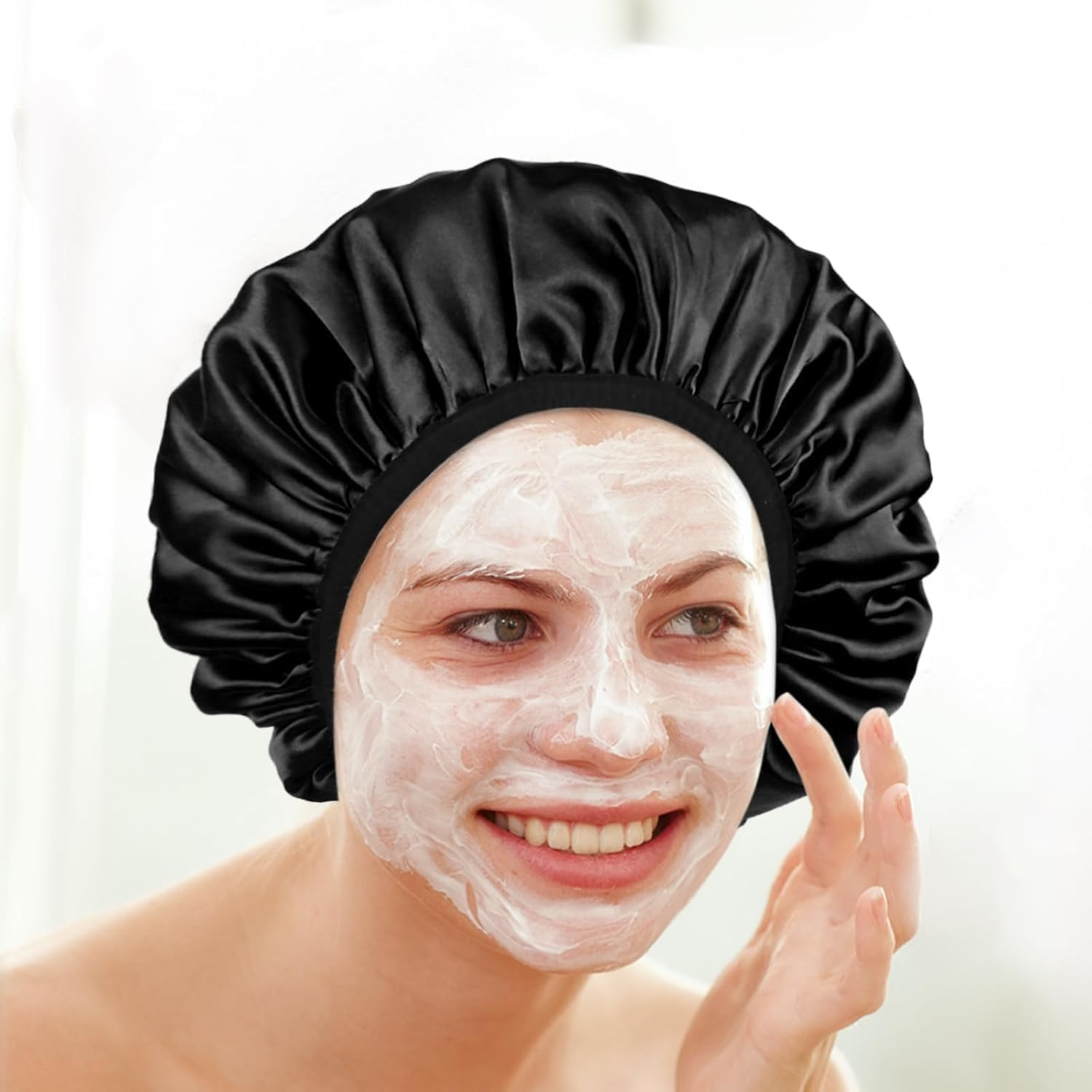 Shower Caps for Women,Triple Layer Shower Cap with Dry Hair Function,Waterproof Showers Cap,Terry Cloth Lined Reusable,Practical Bathing Accessories,Soft Wrap for Long Thick Hair(Black) image number 6