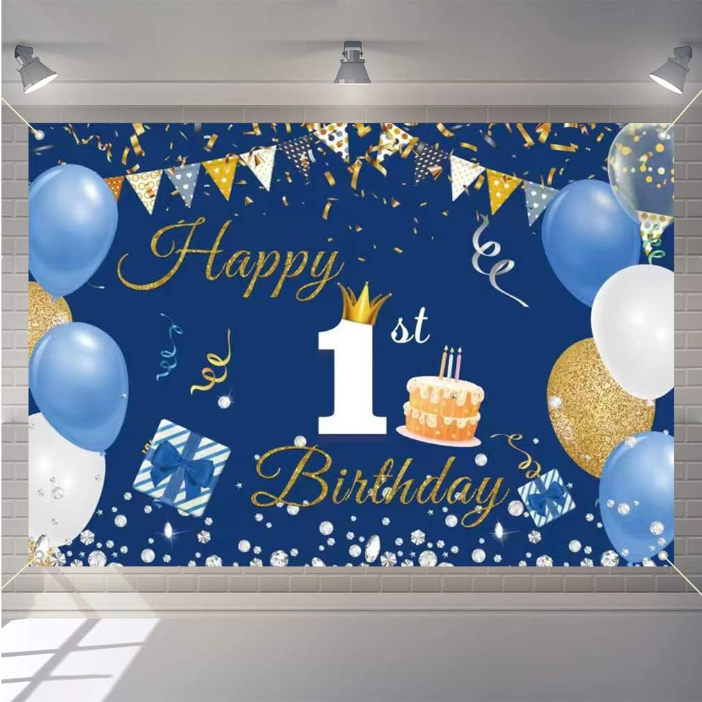1St Birthday Decorations Happy 1St Birthday Backdrop Party Banner for Boys/Girls Happy 1 Year Old Fabric Sign Poster, Blue Photography Background First Birthday Party Supplies, 59"X35.4" image number 2