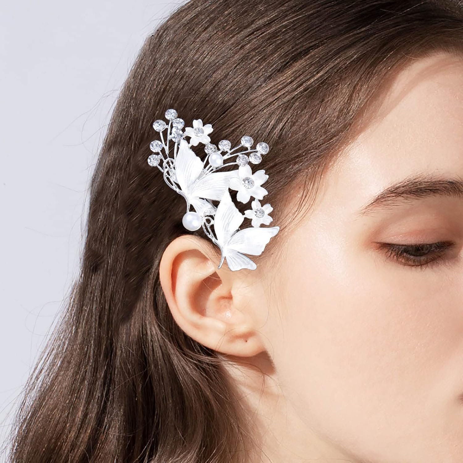 Tseenyi Wedding Flower Hair Clip Silver Crystal Barrette Beads Hair Clip Butterfly Hair Clip Beads Hair Clip Rhinestone Bridal Hair Accessories for Women and Girls