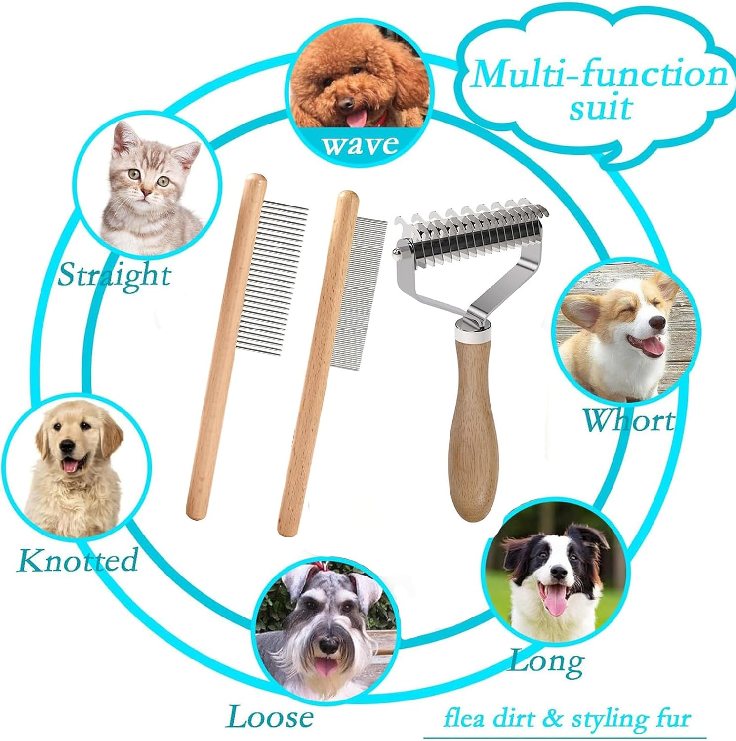 3 Pack Dog and Cat Dematting Kit,Undercoat Rake,Shedding Brush and Combs,Premium Wood Handle Grooming Set for All Breeds Removes Mats, Reduces Shedding, Prevents Tangles image number 1