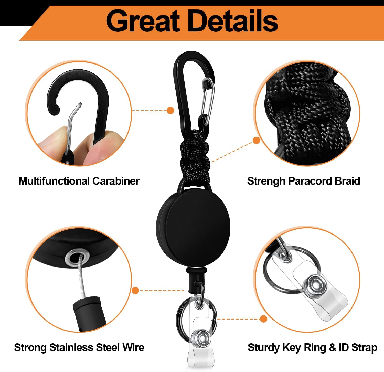 Retractable Keychain 4 Pcs Heavy Duty Carabiner Badge Holder Retractable Badge Reel ID Holder Extendable Key Ring Key Holder for Abs Casing with 24 Inches Steel Retractable Cord and Paracord image number 2