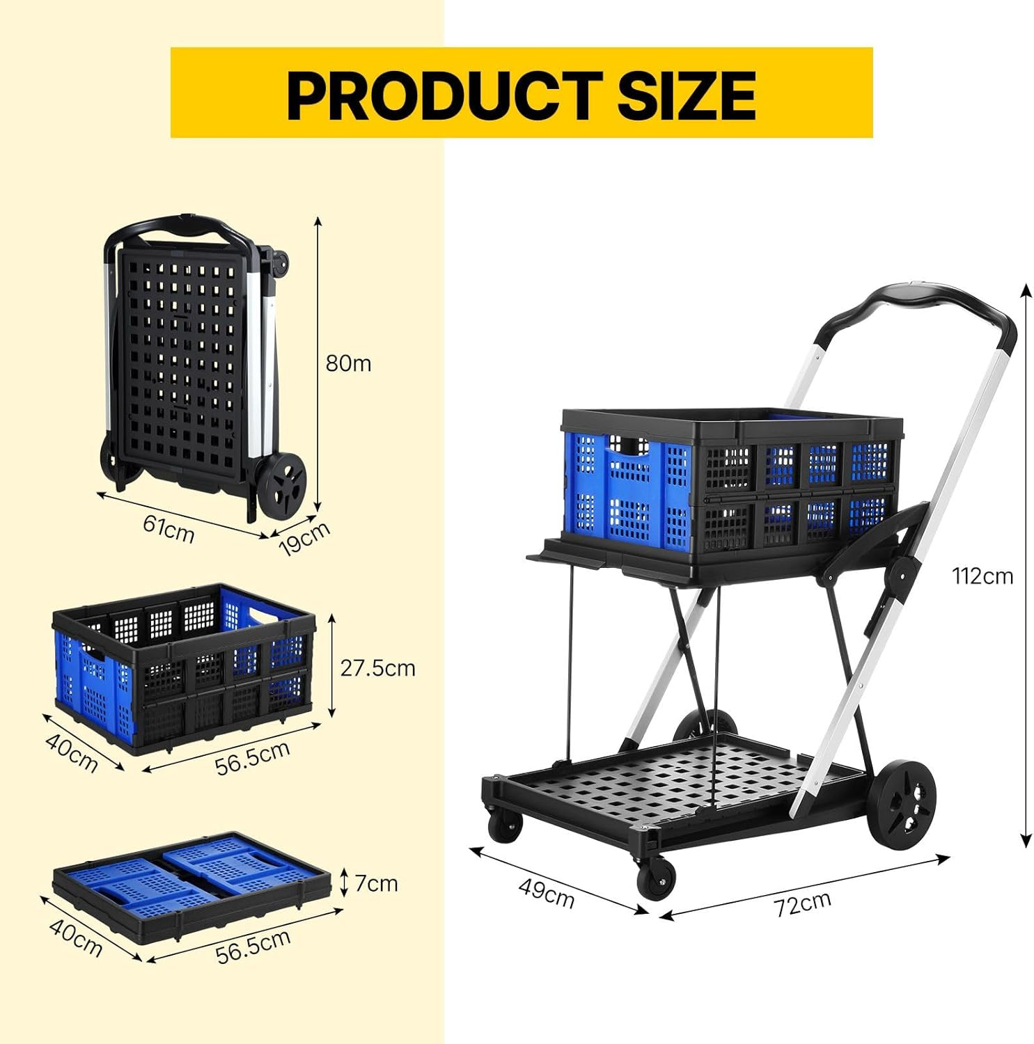 Folding Shopping Cart Trolley with Storage Crates Two Tier Collapsible Cart with Rolling Swivel Wheels for Shopping Picnic and Office image number 5