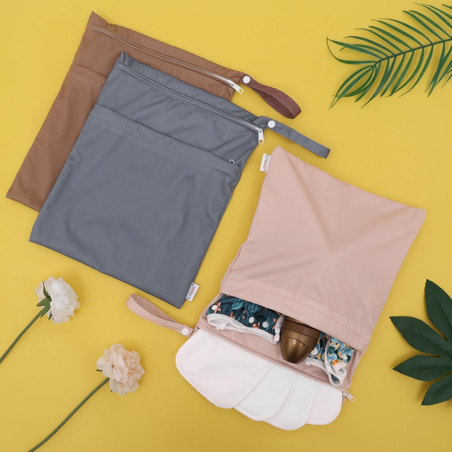 ALVABABY Wet Dry Bags 3Pcs Waterproof Reusable with Two Zippered Pockets Travel Beach Pool Daycare Soiled Baby Items Yoga Gym Bag for Cloth Diaper Swimsuits or Wet Clothes 3L-ZM12-AU image number 1