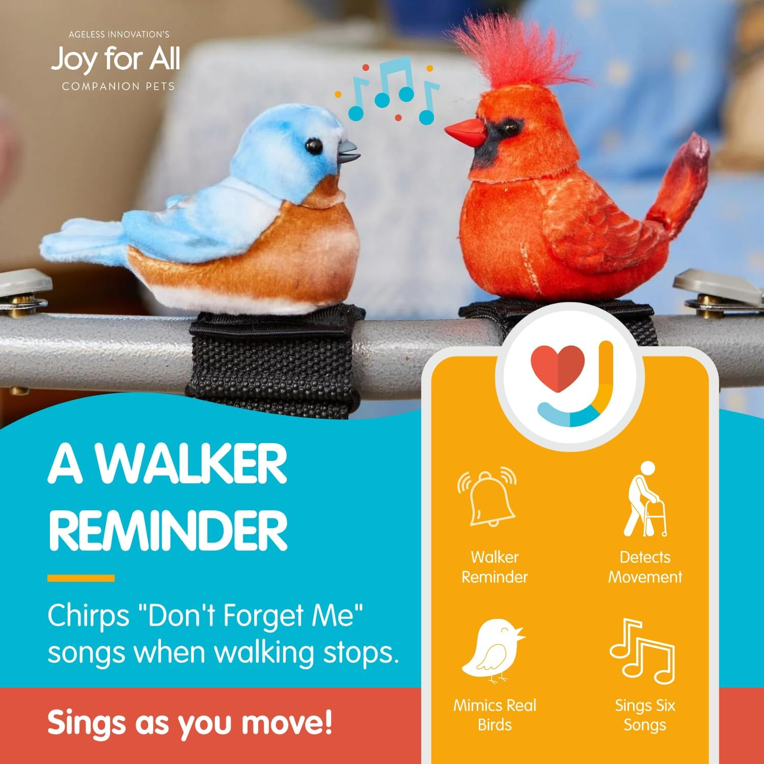 JOY for ALL Walker Squawker, Cheery Animatronic Bird, Interactive Companion, Reminds You Not to Forget Your Walker - Cardinal - Cardinal image number 2