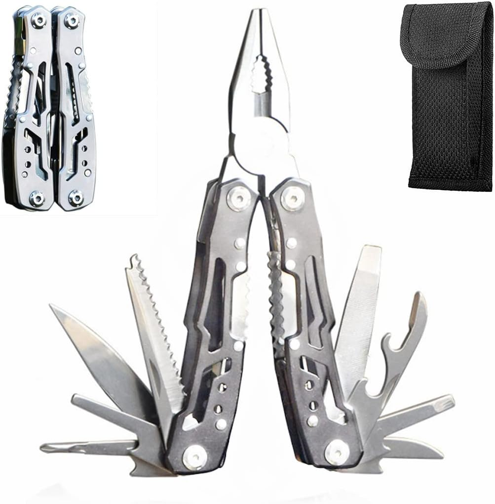 14-In-1 Multitool with Safety Locking, Professional Stainless Steel Multitool Pliers Folding Pocket Knife, Bottle Opener, Screwdriver with Nylon Sheath for Camping Survival Hiking and Simple Repairs