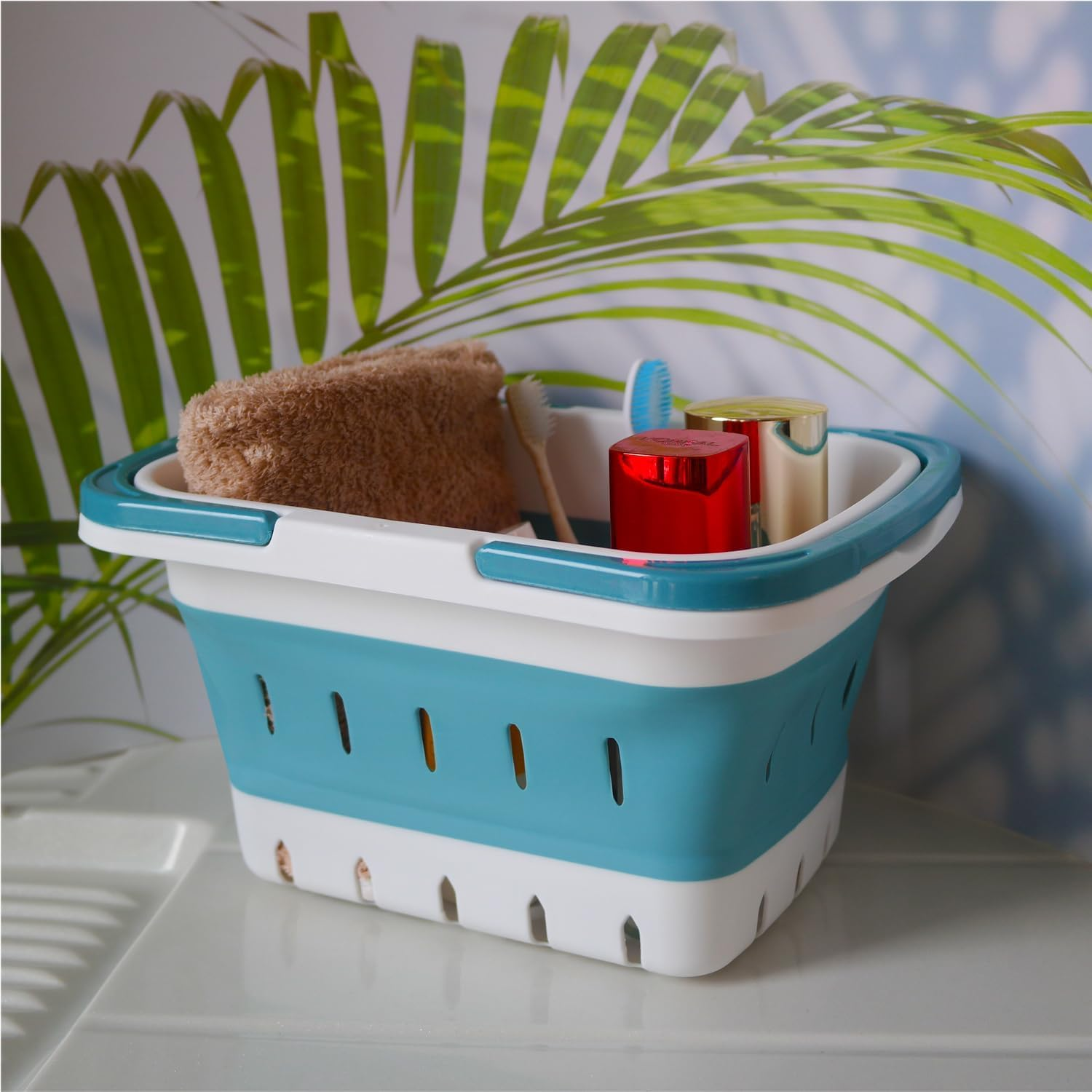 LABUBU Portable Folding Plastic Bath Caddy with Handle, Perforated, Travel Bathroom Organizer for Bedroom, Bathroom, Shower, Dorm Room, Camping and RV Use (Grey, 1 Pack) image number 3