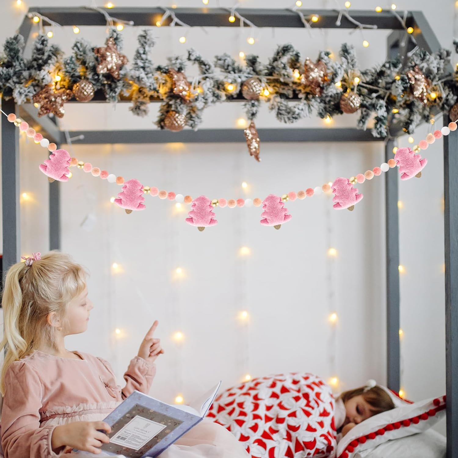 Whaline Christmas Felt Garland 3D Pink Xmas Tree Pom Ball Banner Holiday Decorative Hanging Bunting Garland for Home Mantel Fireplace Window Wall Decor image number 2