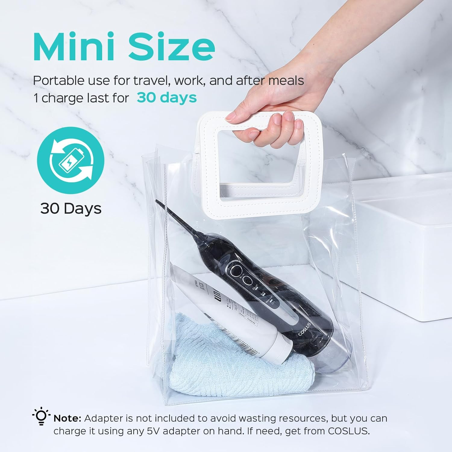 COSLUS Professional Cordless Water Flosser for Teeth, Braces, Gums Care - Daily Deep Cleaning, Rechargeable, Portable for Travel, Waterproof, 300Ml, Bpa-Free, Black, C20 - Black(Transparent Water Tank) image number 4