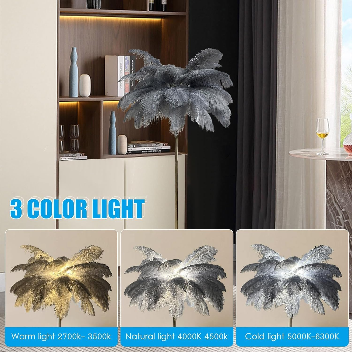 Luxurious Ostrich Feather Floor Lamp&ndash;This Elegant Floor Lamp Features 48 Natural Ostrich Feathers, Offering a Soft, Warm Glow and Creating a Glamorous Atmosphere in Your Living Room image number 6