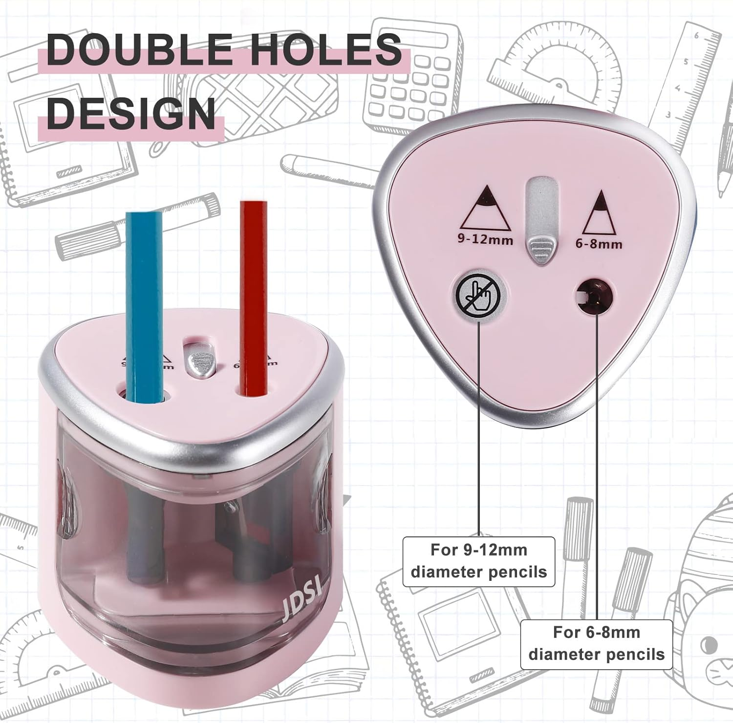 Two-Hole Electric Pencil Sharpener, Steel Blade, Battery-Powered Pencil Sharpener for Size 2 and 6-12Mm Pencils, Suitable for Home Office, School, Classroom (Pink) image number 1