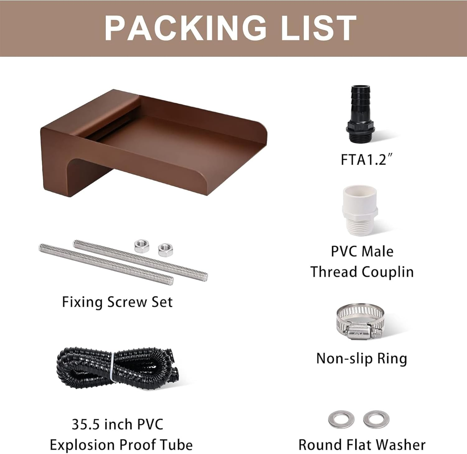 PONDO 304 Stainless Steel Made Exquisite Handcrafted Waterfall Spout for Landscape, Water Fountain Spout Scupper Luxury Decoration for Pools, Ponds, Water Walls (Brown Powder Coating)