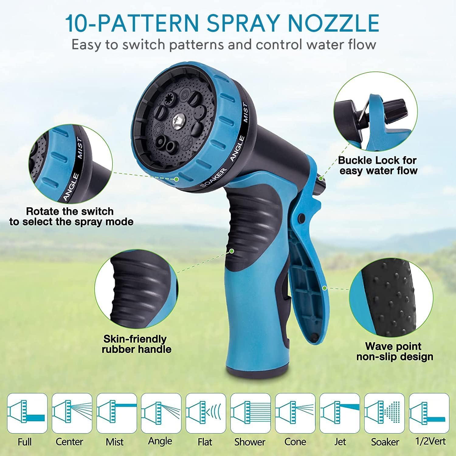 Cyperever 125Ft Expandable Garden Hose with 10-Pattern Nozzle High-Pressure Black Spray Gun, 3/4" Brass Connector & Storage Bag, Retractable Water Hose High Pressure for Car Wash Lawn Watering (Blue) image number 1