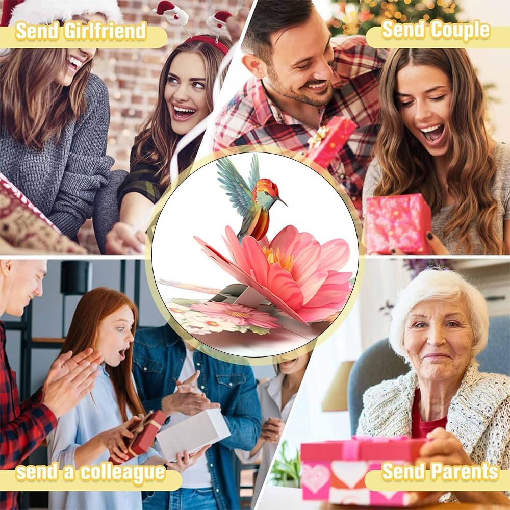 Hummingbird Cards,Pop-Up Birthday Cards for Women，Mothers Day Greeting Cards, for Mum,Wife, Daughter, Sister, Valentines, Anniversary, Christmas, Flower Bouquet, Wedding Gift (Hummingbird) image number 3