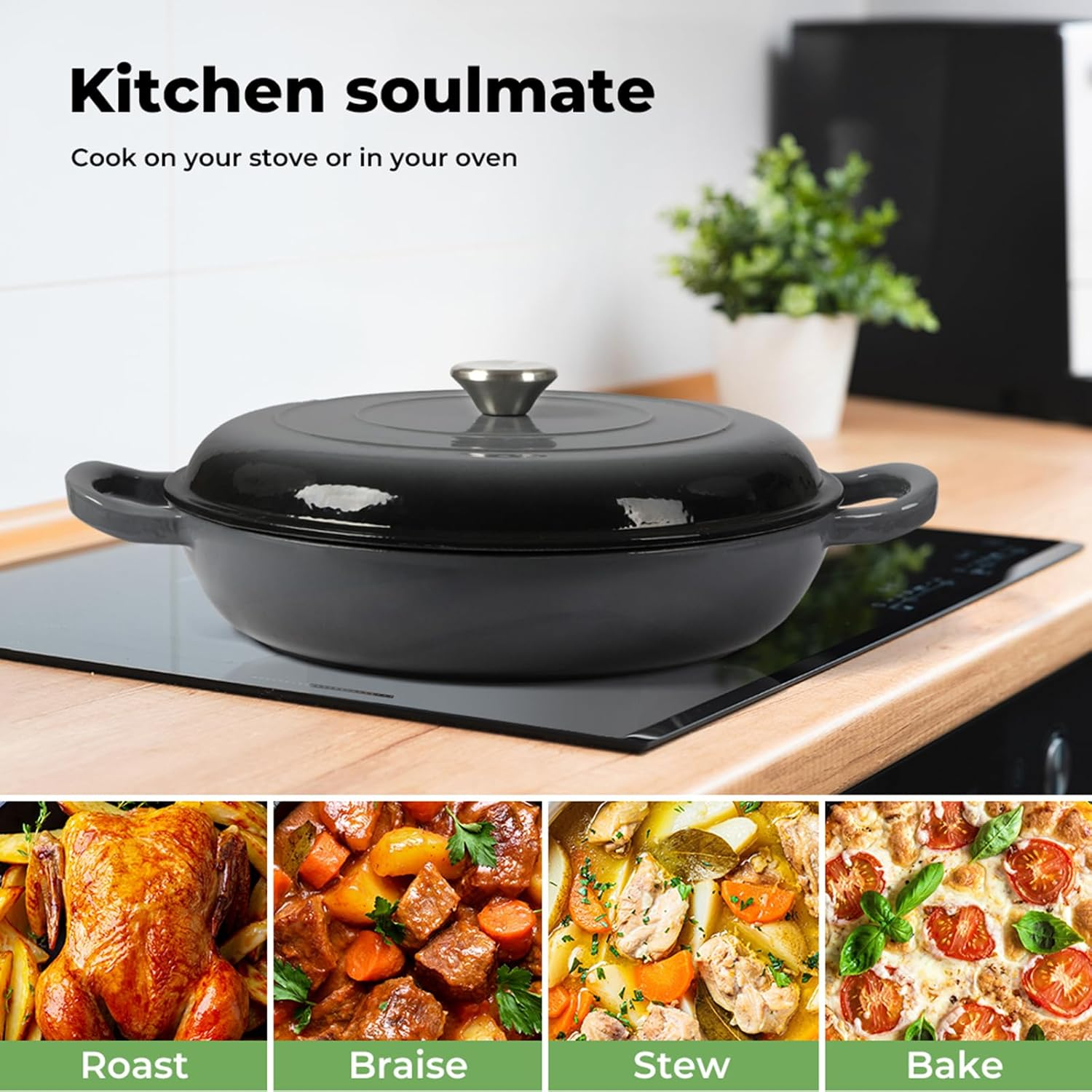 TOQUE Enameled Cast Iron Dutch Oven 3.5L Pot with Lid Kitchen Cookware Black, 3.7 Quart Camping Cooking Non-Stick Slow Cooker Shallow Pan, round Dutch Oven Pots for Bread Baking,Braise,Stew,Roast image number 5