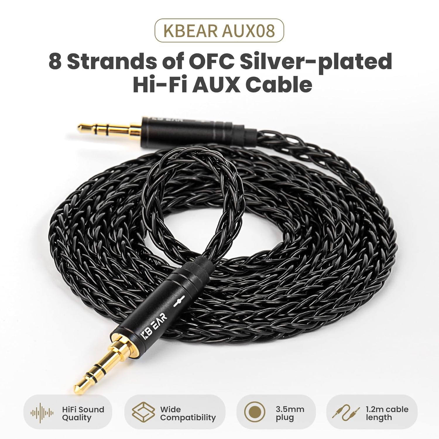 3.5Mm Audio Cable (4Ft / 1.2M) AUX Cable for Headphones,Kbear AUX08 Audio Auxiliary Cord Braided Hi-Fi Sound for Car,Headphone Jack,Speaker,Home Stereos,Smartphone,Echo Dot,Beats- Grey (White)