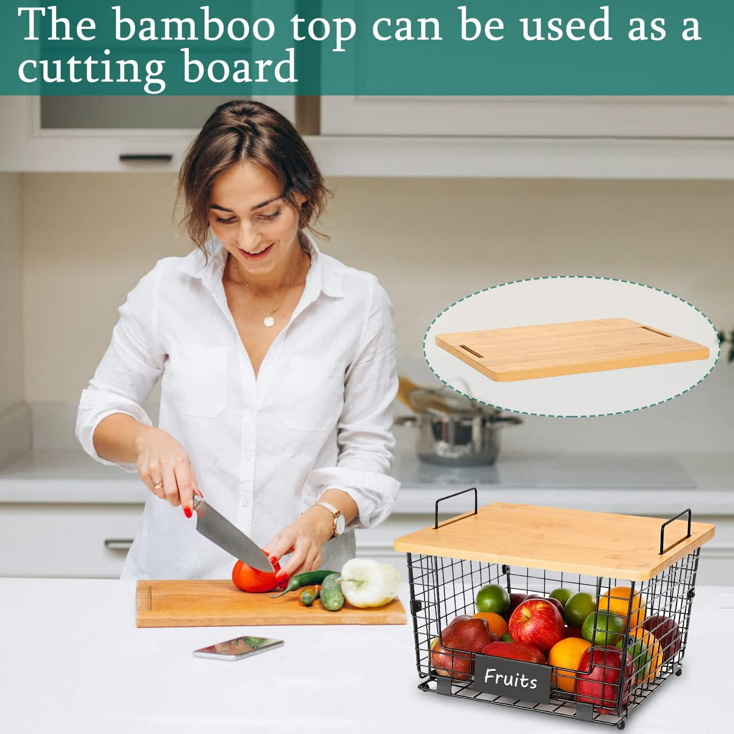 BYUNER Kitchen Counter Basket with Bamboo Top Potato Storage Pantry Cabinet Organization Countertop Organizer Fruit Vegetable Bread Wire Basket Cabinet Pantry Storage 2Pcs image number 3