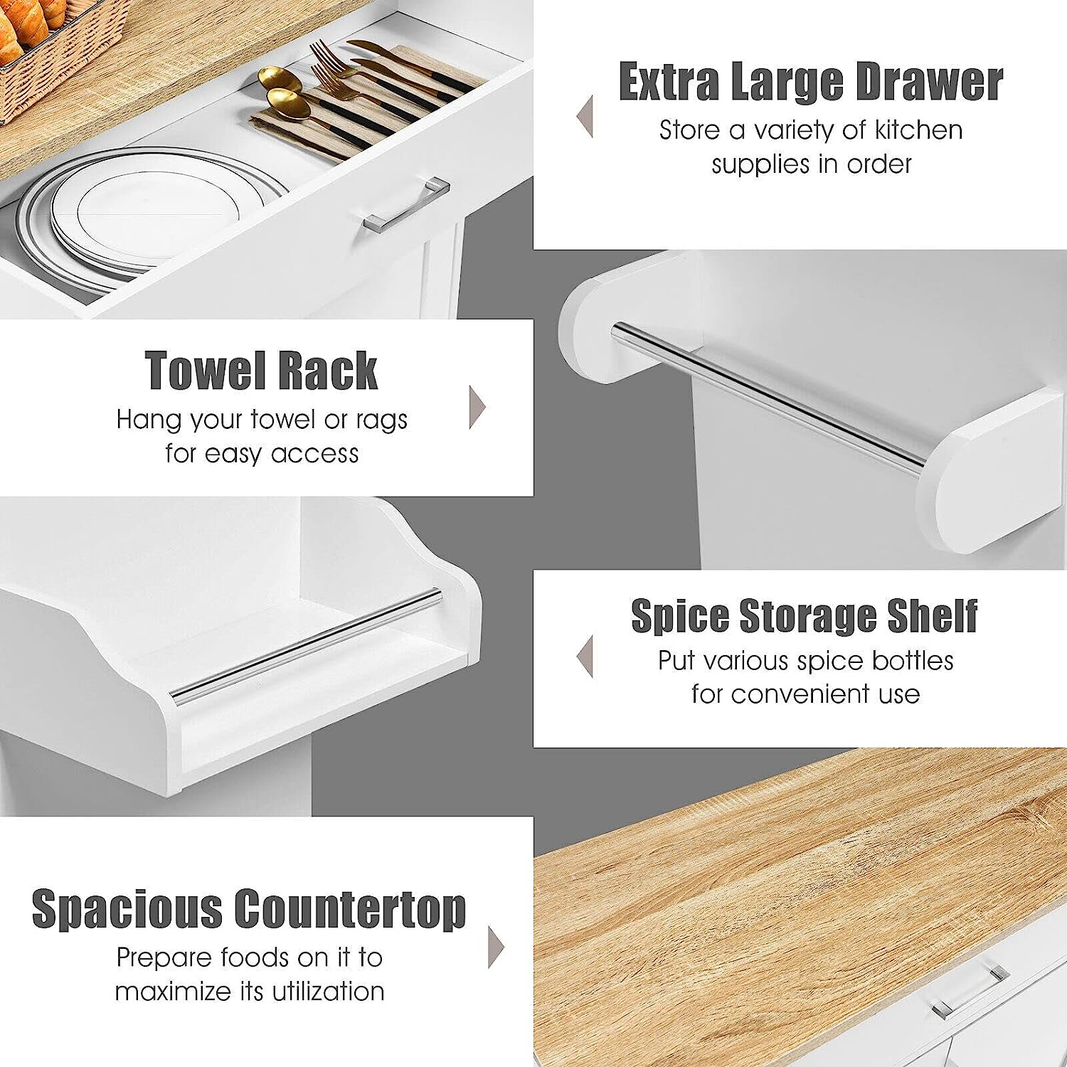 Giantex Wooden Rolling Kitchen Island, Storage Cart Trolley W/Adjustable Shelf, Spice Storage Sgelf, Towel Rack & Drawer, Utility Buffet Cabinet W/Beech Top for Kitchen Dinning Room Canteen, White