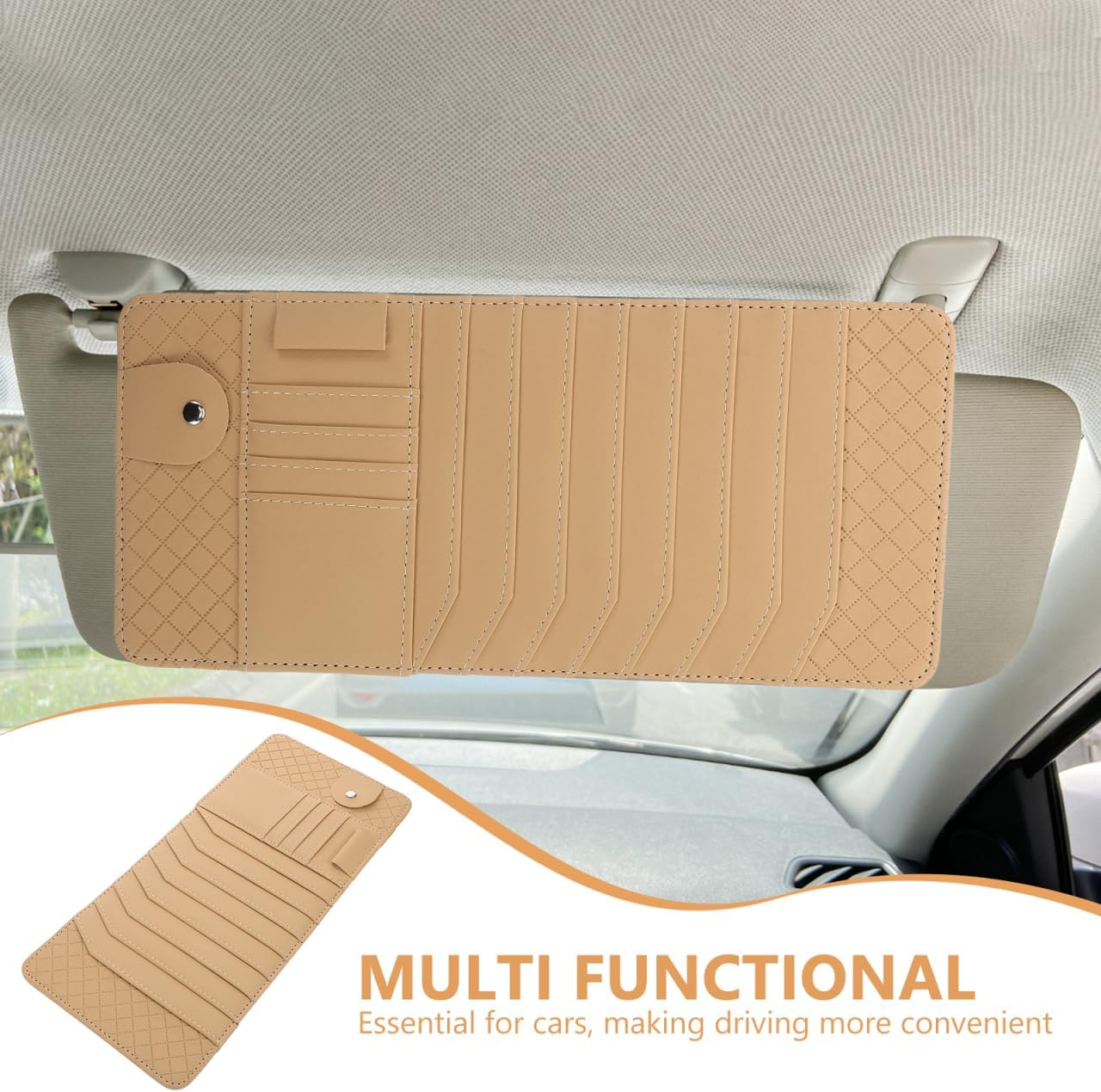 POPETPOP Car Visor Organizer CD Holder with Faux Leather Multifunctional Sun Visor Storage Bag for Sunglasses and Dvds Stylish Car Accessories for Drivers image number 1