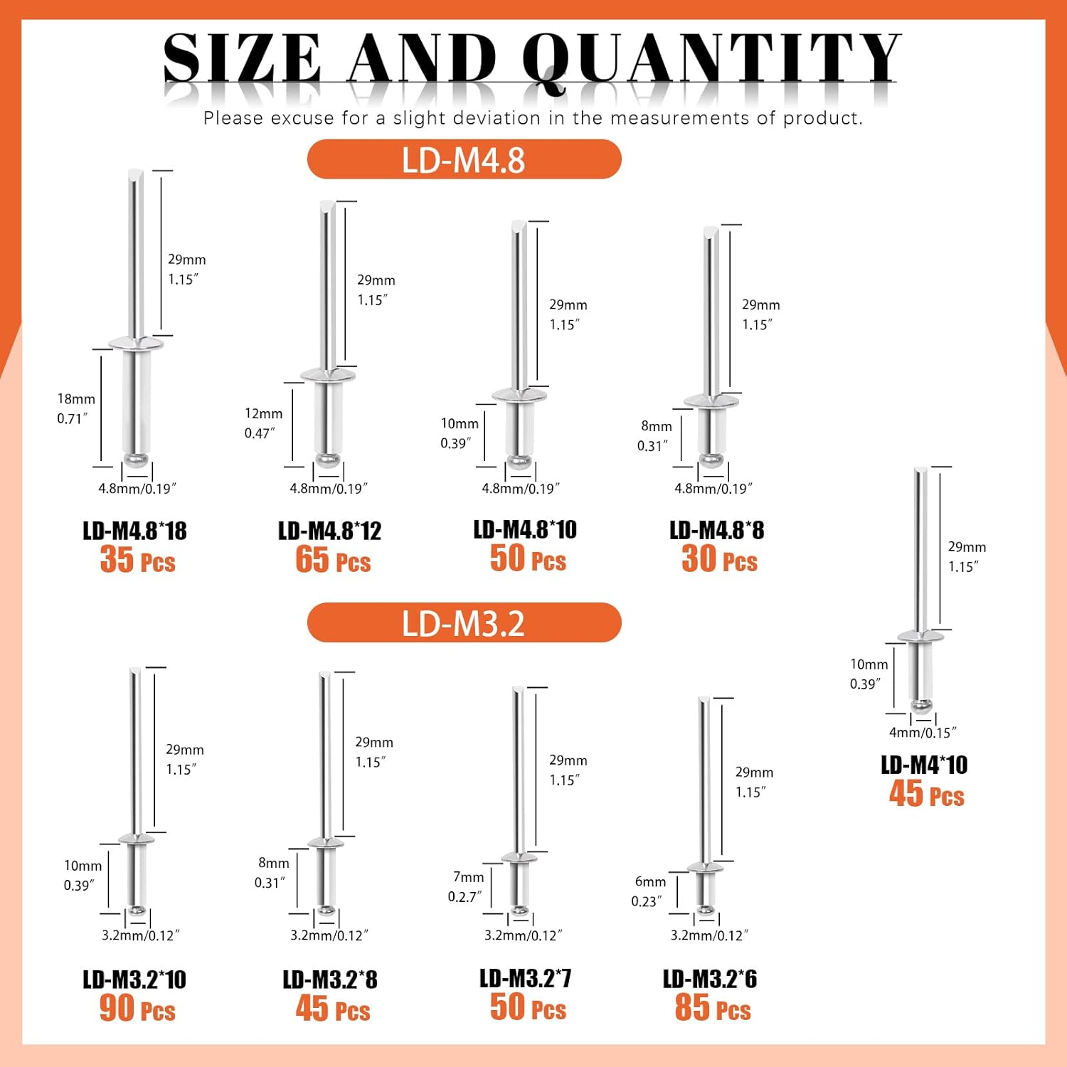 Tanstic 495Pcs 9 Sizes Aluminum Rivets Assortment Kit, M3.2 M4 M4.8 Blind Rivets, Pop Rivets with Storage Case (Silver) image number 2